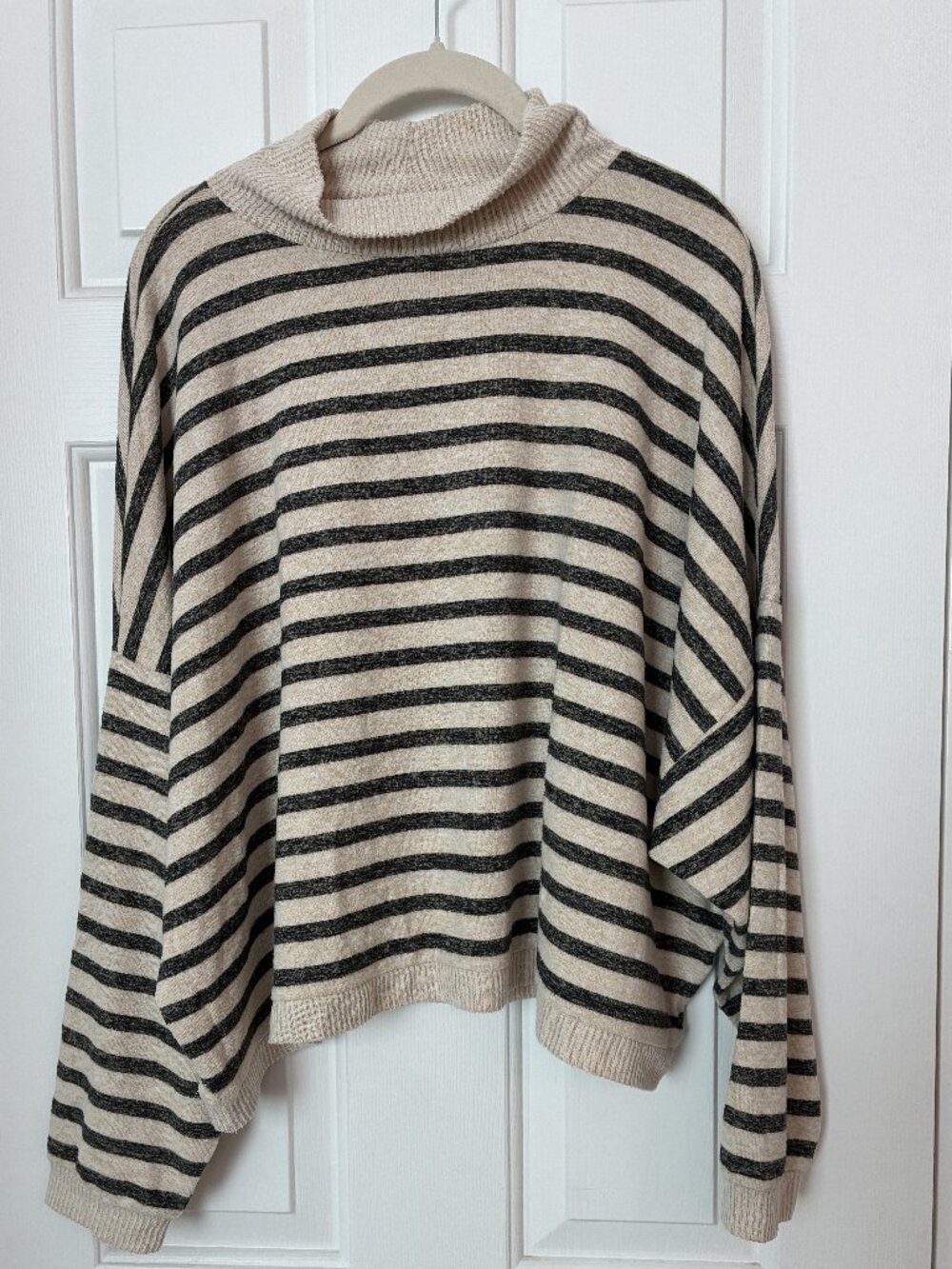 Lucky Brand Beige Black Striped Dolman Mock Neck Sweater